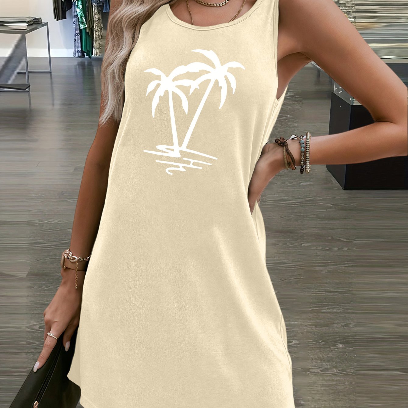 Ärmelloses Damen-Sommerkleid mit Palmen-Print