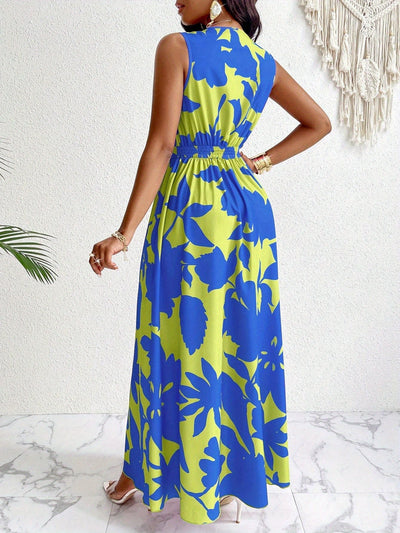 Elegantes Blaues Florales Maxikleid mit Ausschnitt für Frauen