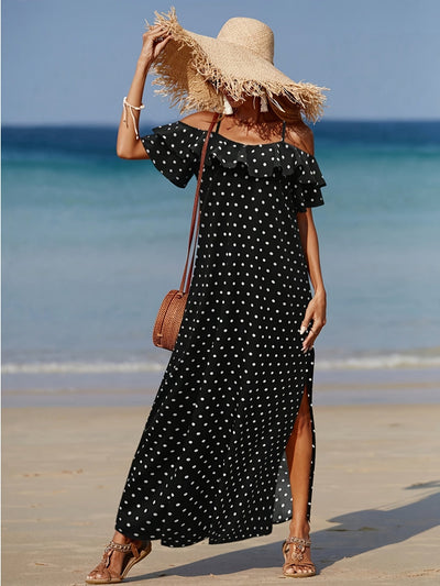 Spanisches rotes Kleid mit Erbsendruck und leichtem Schlitz für den Sommer