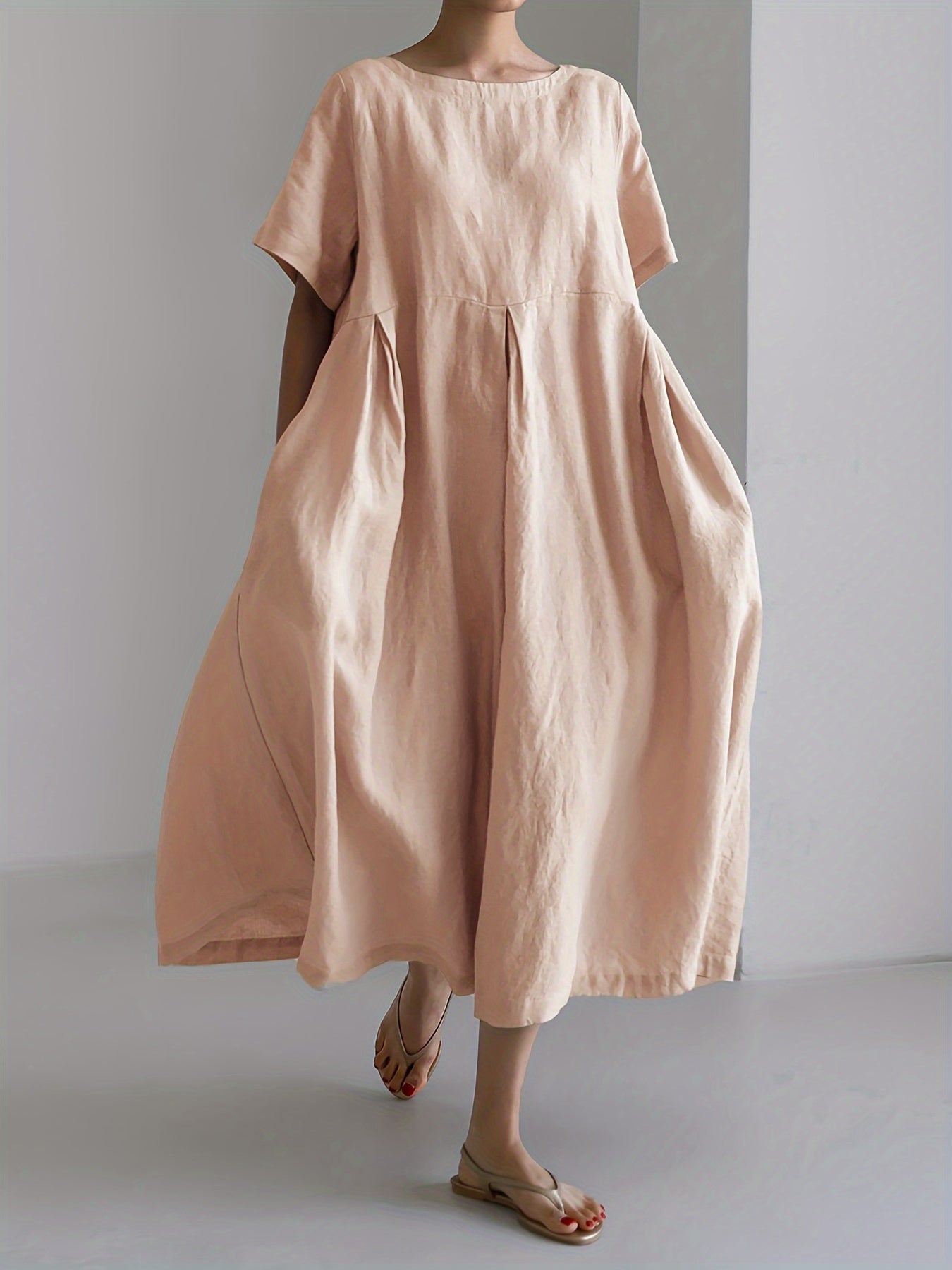 Leinen-Mix Midi-Kleid mit Taschen – Kurzarm Hochtailliert Sommermode