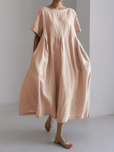 Leinen-Mix Midi-Kleid mit Taschen – Kurzarm Hochtailliert Sommermode