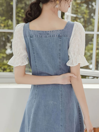 Damen Vintage Denim Kleid mit quadratischem Ausschnitt