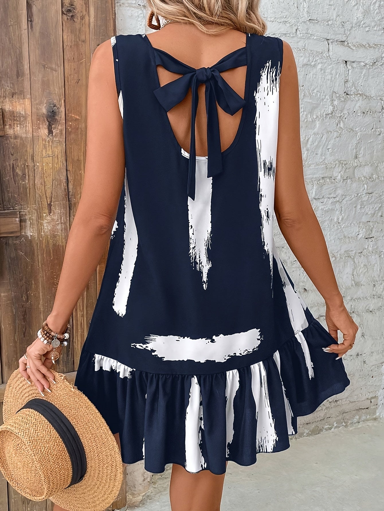 Ärmelloses Damenkleid mit Pinselstrich-Print in Marineblau und Weiß