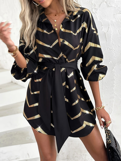 Lässiges Mini-Kleid mit Halbärmeln und Taillengürtel