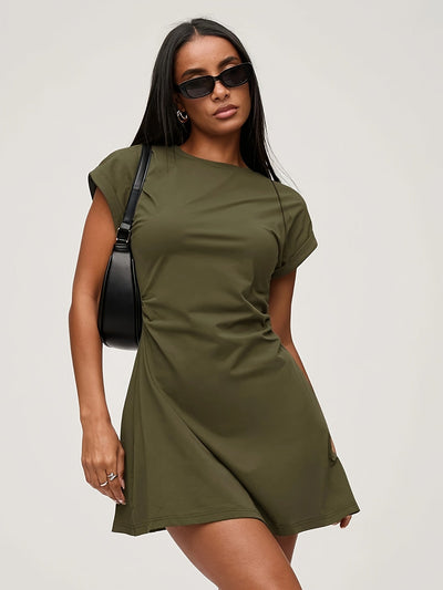A-Linie Sommerkleid mit Falten und kurzen Ärmeln Farbe Khaki Modischer Schnitt
