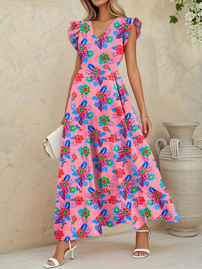 Elegantes langes geblümtes Kleid - V-Ausschnitt, Blumenärmel