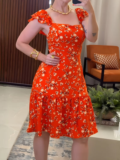 Ärmelloses Damenkleid mit roten Blumen, quadratischer Ausschnitt Fluid-Schnitt