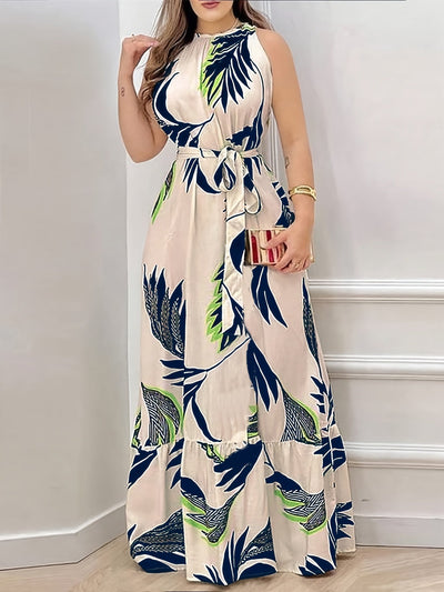 Elegantes ärmelloses langes Kleid mit tropischem Blumenmotiv