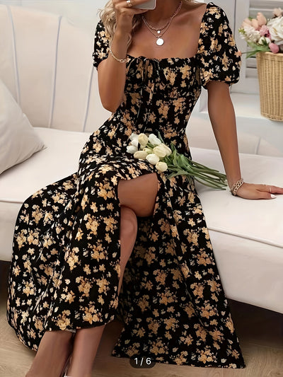 Kleid mit geblümten Puffärmeln in A-Linie Chic Split Hem für Frühling & Sommer