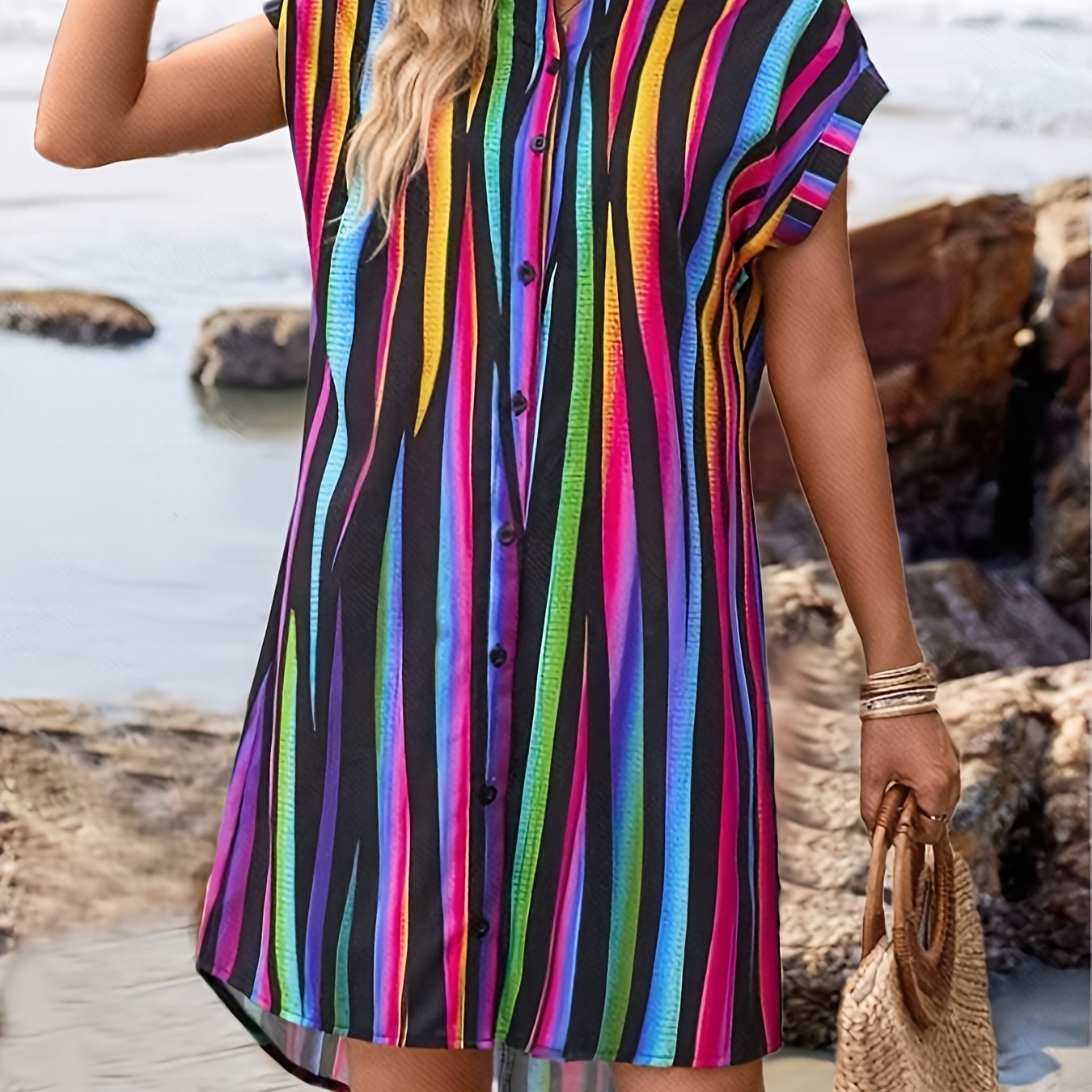 Regenbogenfarbenes Sommerkleid mit Streifen und V-Ausschnitt