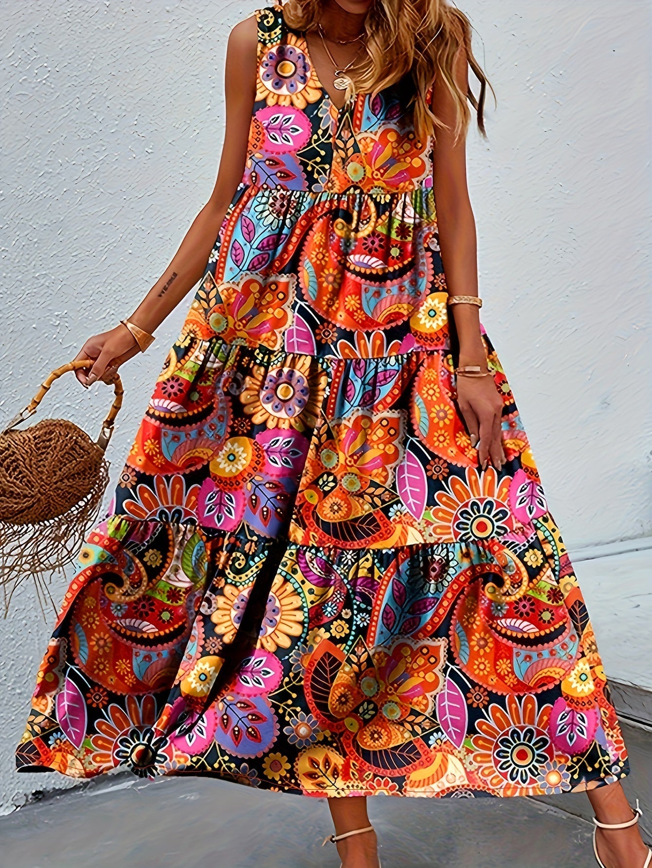 Orange Rotes Allover Print Rüschenkleid mit V-Ausschnitt, Ärmellos