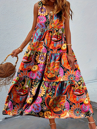 Orange Rotes Allover Print Rüschenkleid mit V-Ausschnitt, Ärmellos