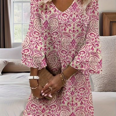 Geblümtes Kleid mit V-Ausschnitt und ausgestellten Ärmeln Sommerlicher Stil