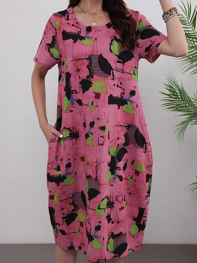 Elegantes Leinen-Midikleid mit ausdrucksstarkem abstraktem Muster