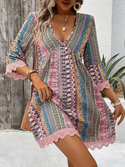 Elegantes V-Ausschnitt Kleid mit Spitze Leichtes Sommerkleid mit buntem Streifen