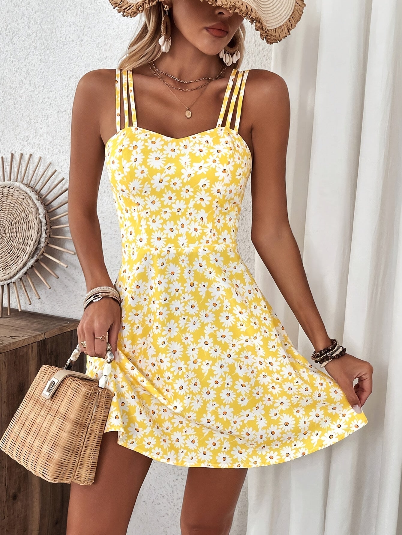 Ärmelloses Damen-Midikleid mit Blumenmuster – Schwarz mit weißem Gänseblümchenmuster