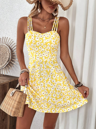 Ärmelloses Damen-Midikleid mit Blumenmuster – Schwarz mit weißem Gänseblümchenmuster