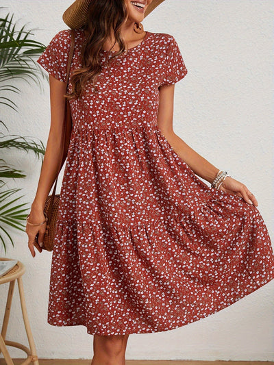 Leichtes Vintage-Kleid – Blumendruck, Kurzarm, Rundhalsausschnitt, feminines Sommerkleid