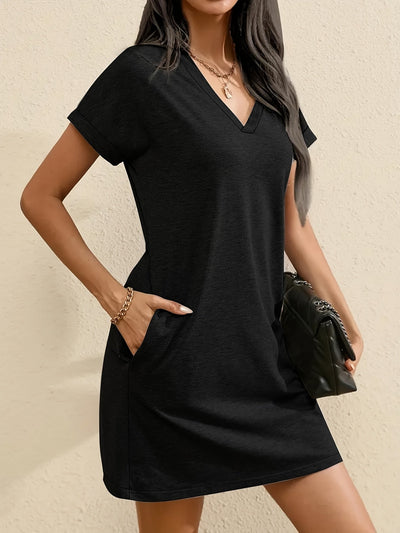 Elegantes Sommerkleid mit V-Ausschnitt und kurzen Ärmeln – Unifarben