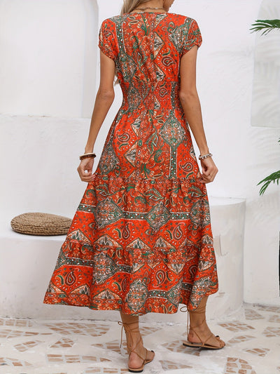 Maxikleid mit Paisley-Muster Roter V-Ausschnitt Ideal für den Urlaub