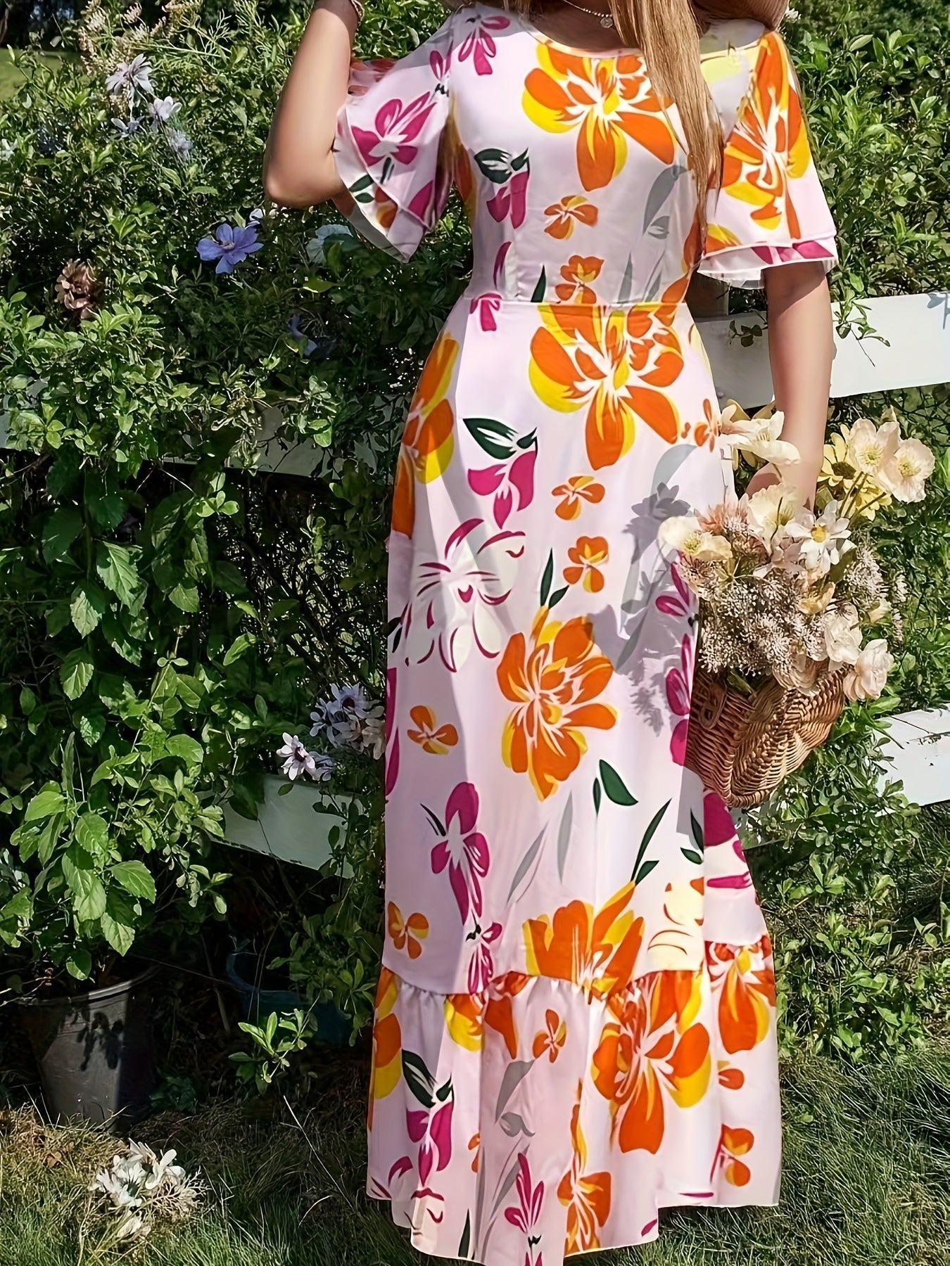 Langes Damen-Blumenkleid mit Rüschen - Multicolour