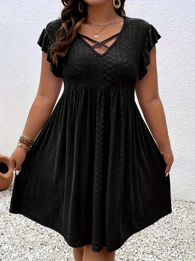 Elegantes Übergröße Midi-Kleid Lochstickerei, Rüschen & V-Ausschnitt
