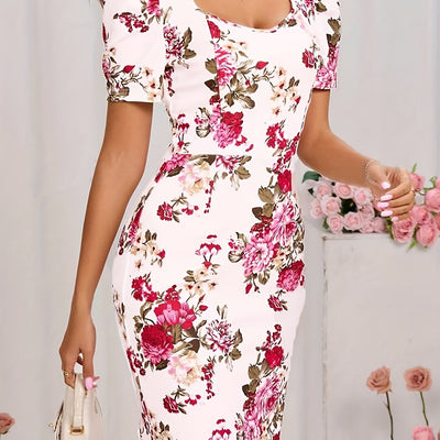Damenkleid mit Blumenmuster, quadratischem Ausschnitt und Reißverschluss