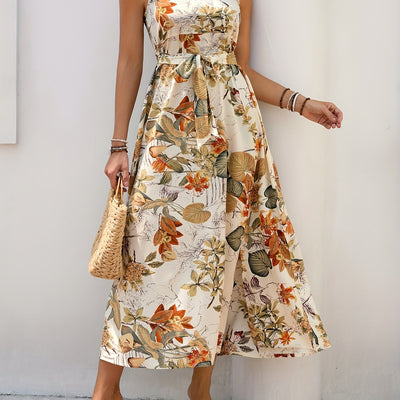 Trägerkleid mit Blumenmuster und Gürtel, Sommerkleid für den Urlaub
