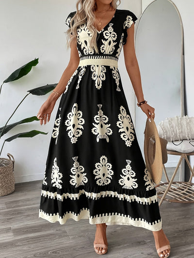 Dunkelblaues Blumenkleid mit V-Ausschnitt und Rüschen