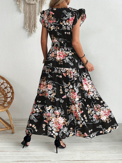 Schwarzes Sommerkleid mit Blumenmuster, Gürtel und Volant