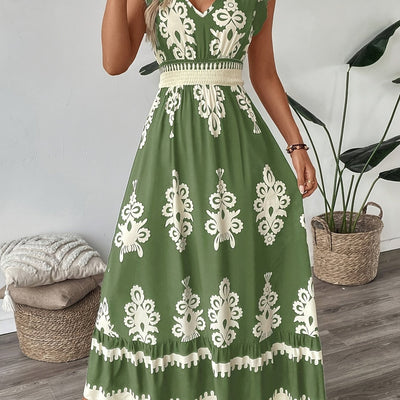 Dunkelblaues Blumenkleid mit V-Ausschnitt und Rüschen