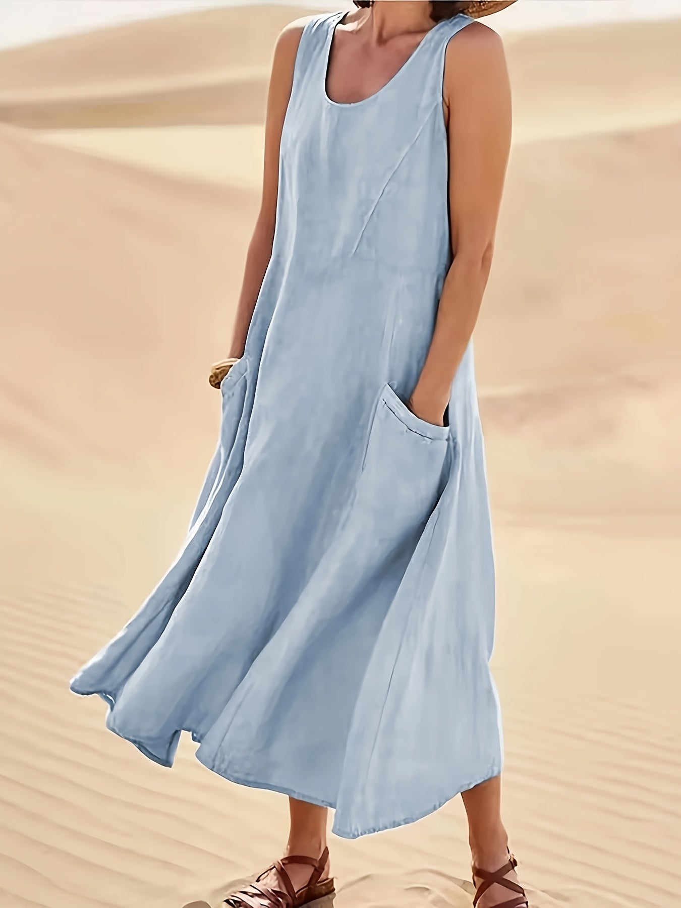 Damen Sommerkleid mit Taschen – Ärmelloses Vintage Freizeitkleid