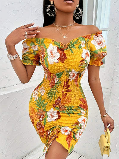 Gelbes, schulterfreies Bodycon-Sommerkleid mit Blumenmuster