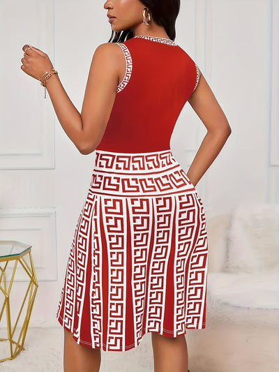 Sexy ärmelloses Damenkleid - Rot und Weiß mit geometrischem Muster