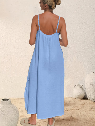 Blaues ärmelloses Sommer-Maxikleid mit Korsett und plissierter Seite