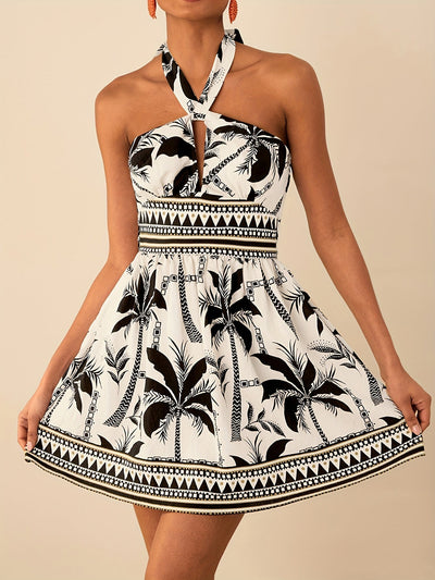 Sommerkleid mit grünem und schwarzem Blumenmuster und Schnürung
