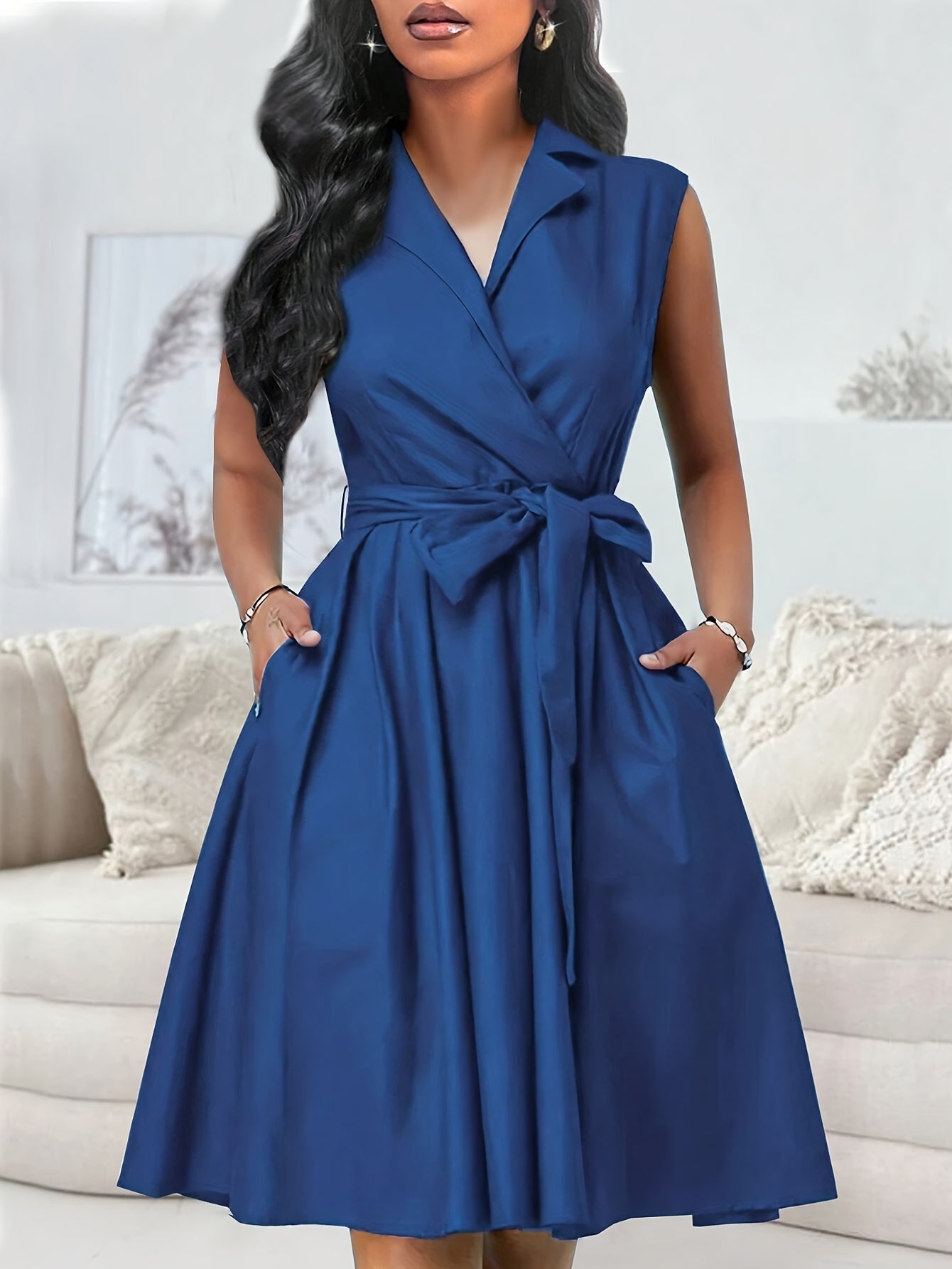 Elegantes A-Linien-Kleid mit Gürtel für den Alltag, Blau, Polyester