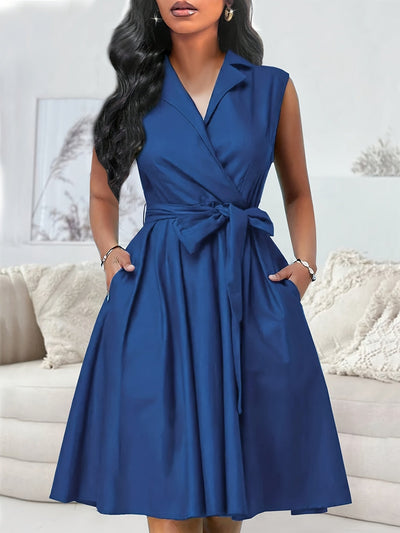 Elegantes A-Linien-Kleid mit Gürtel für den Alltag, Blau, Polyester