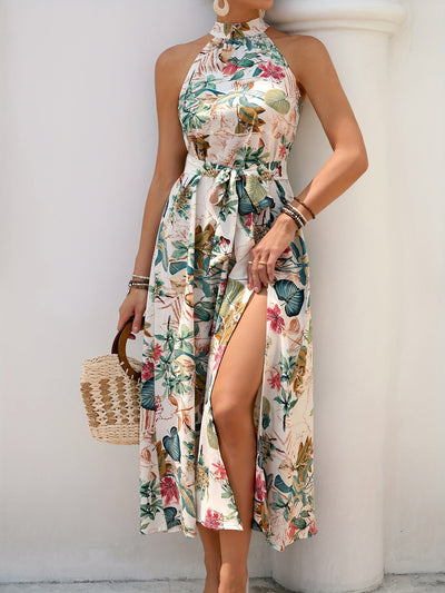 Trägerkleid mit Blumenmuster und Gürtel, Sommerkleid für den Urlaub