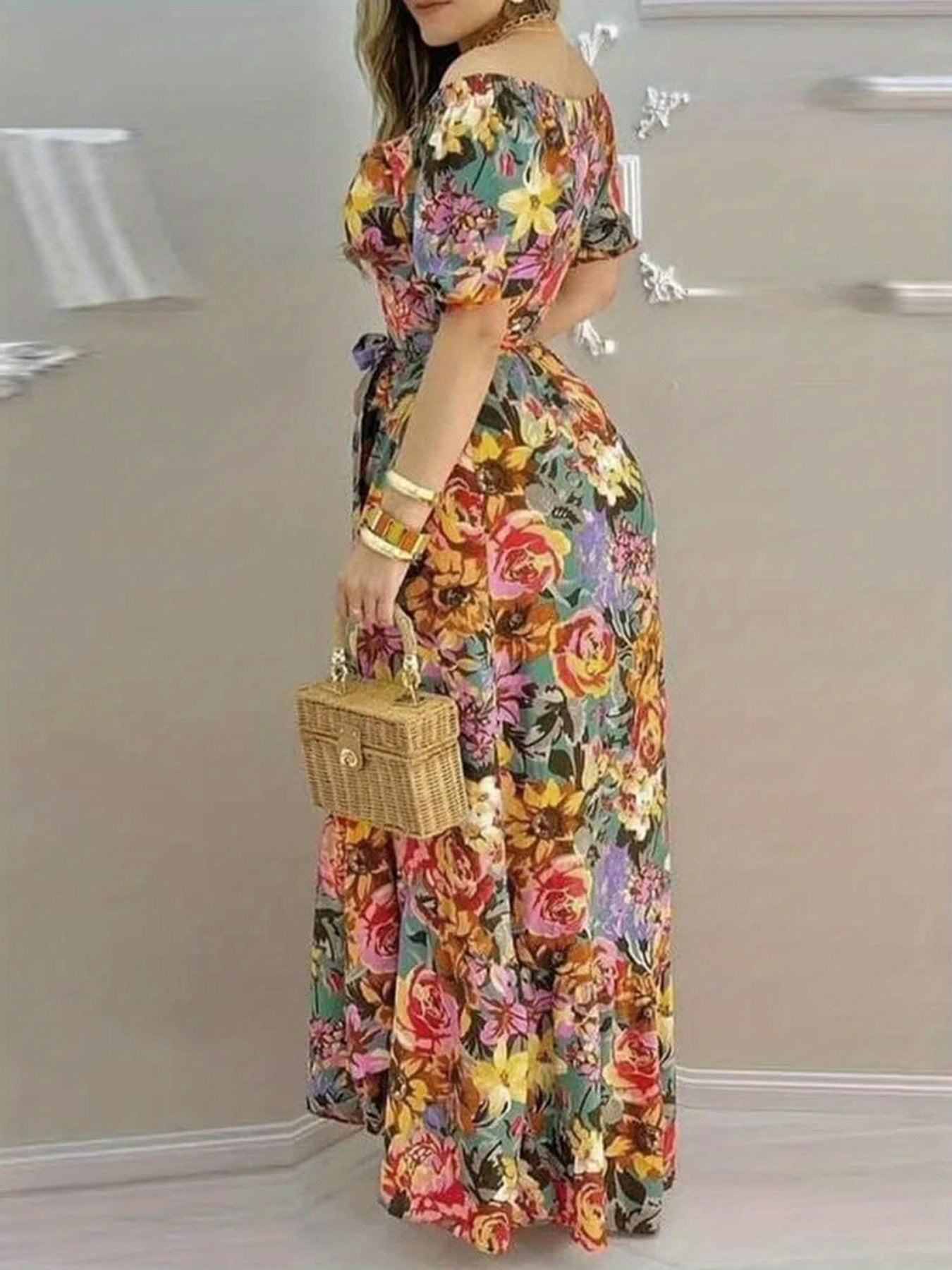 Langes geblümtes Maxikleid mit Rüschen - mehrfarbig