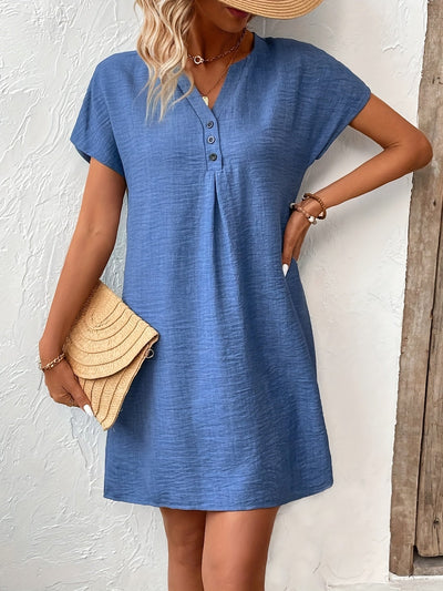 Blaues Damenkleid mit V-Ausschnitt und Fledermausärmeln – Polyester, maschinenwaschbar