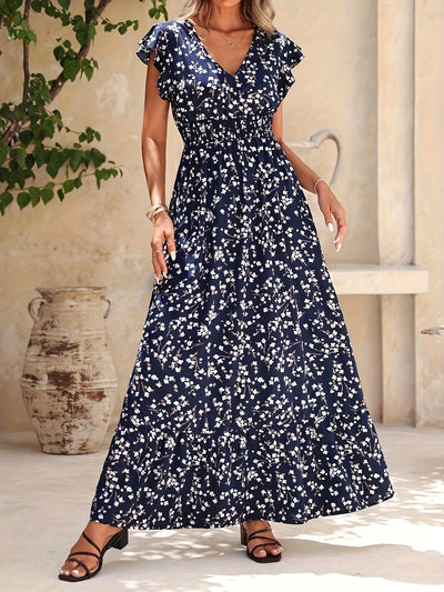 Elegantes Boho Maxikleid mit S-Ausschnitt - Florales Muster, gestufte Ärmel