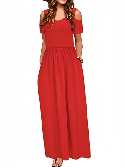 Stylisches Sommer Maxikleid mit offenen Schultern - ärmellos, Rundhalsausschnitt
