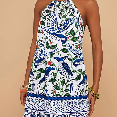 Ärmelloses Sommer-Minikleid mit Vogel- und Pflanzenmotiv, weiß