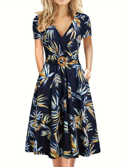 Elegantes Midikleid mit tropischem Blätterprint – V-Ausschnitt, kurze Ärmel