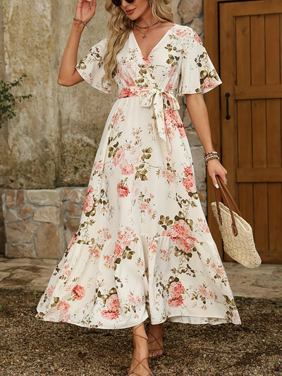 Beiges Ombre-Blumenkleid mit überkreuztem Ausschnitt und passendem Gürtel