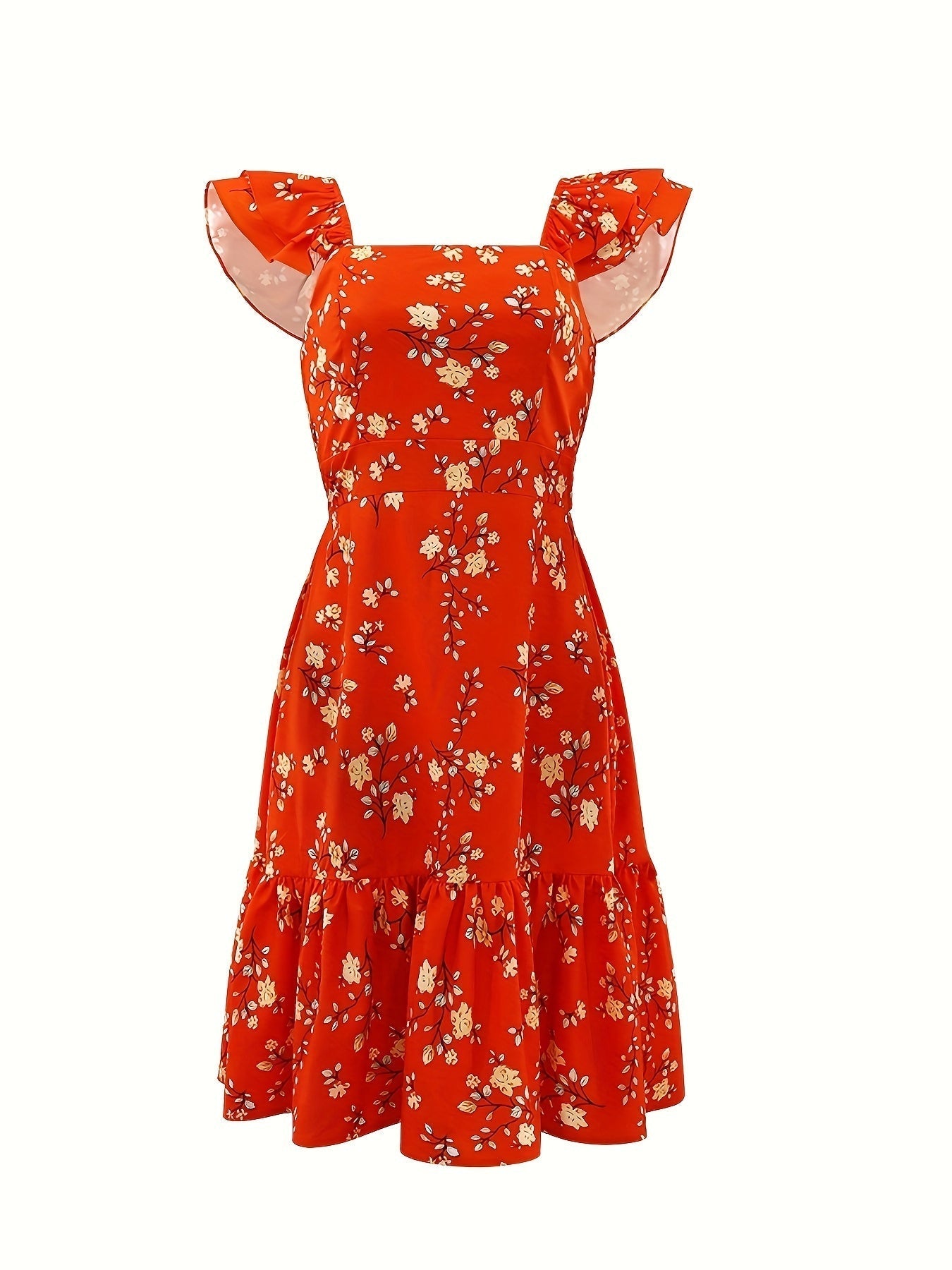 Ärmelloses Damenkleid mit roten Blumen, quadratischer Ausschnitt Fluid-Schnitt