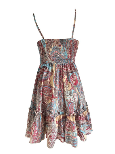 Boho-Midi-Kleid mit Volants, ethnischem Muster und V-Ausschnitt
