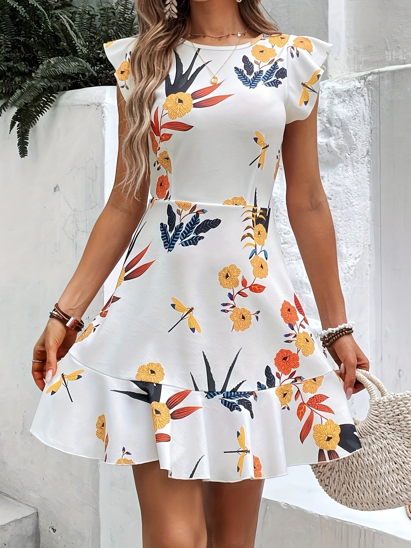 Geblümtes Kleid mit Rüschen – A-Linien-Schnitt