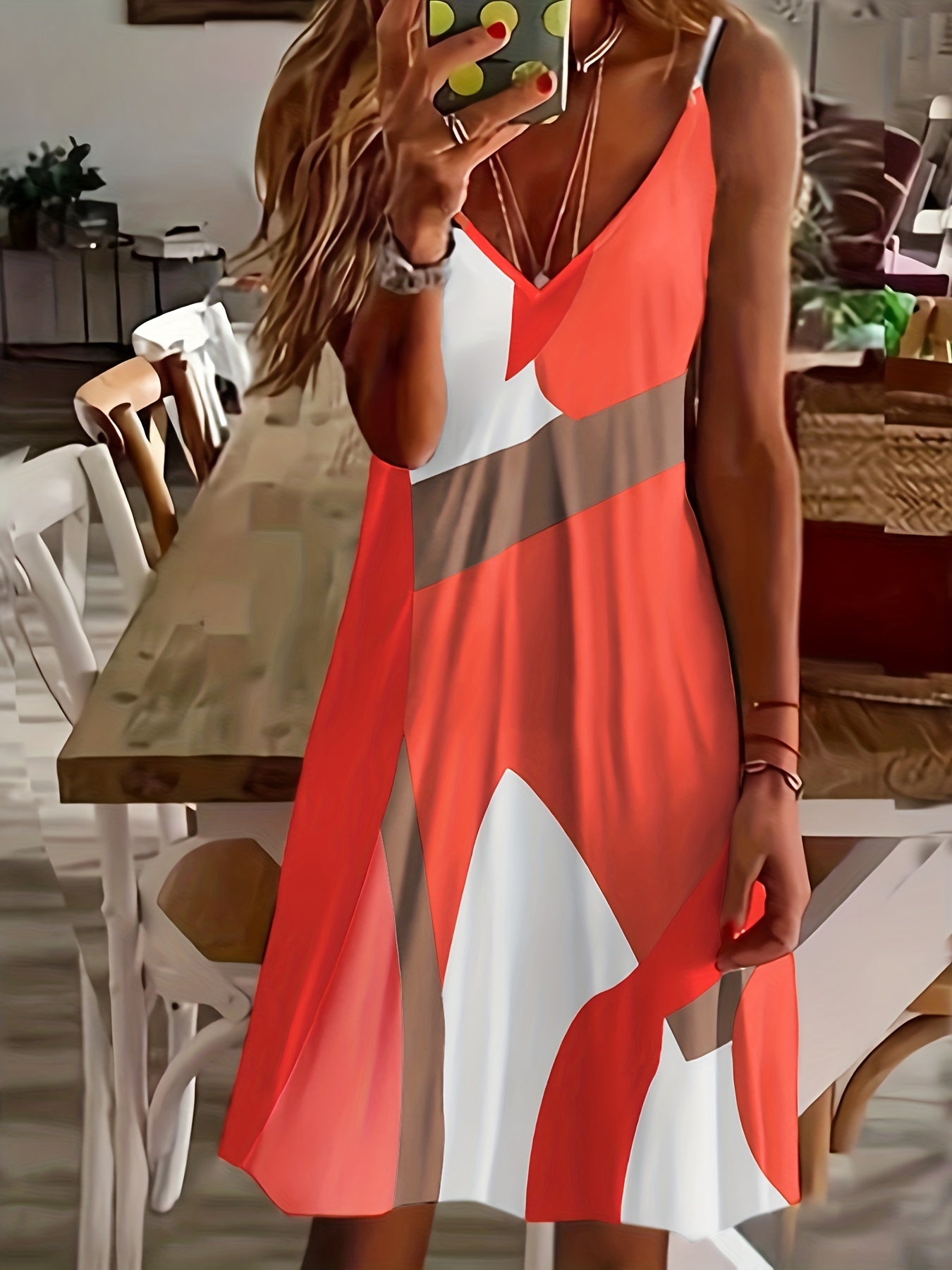 Midi-Kleid mit abstraktem Muster, orangefarben, Casual, mit V-Ausschnitt